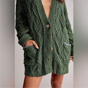Free People Montana Cable Knit Cardigan in Olive Green - Size XS